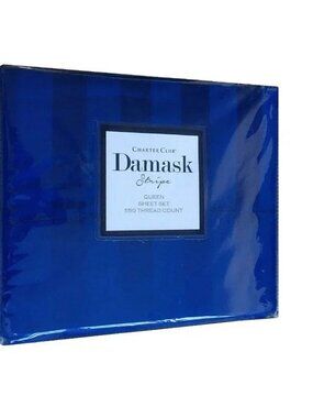 4-pc COBALT BLUE STRIPE Charter Club Damask 550 TC 100% Cotton QUEEN Sheet Set